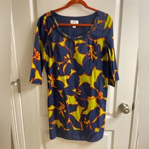 LOFT Blue and Yellow Sheath Dress with Cuffed 3/4 Sleeves